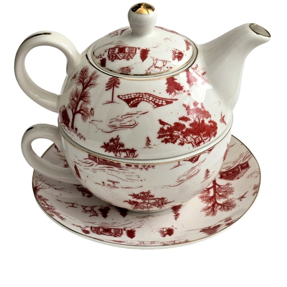 Grace Teaware Red Village Teapot Cup & Saucer-Tea For One